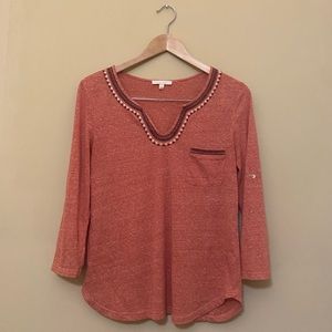 Orange 3/4 Sleeve Embroidered Skies Are Blue Top M